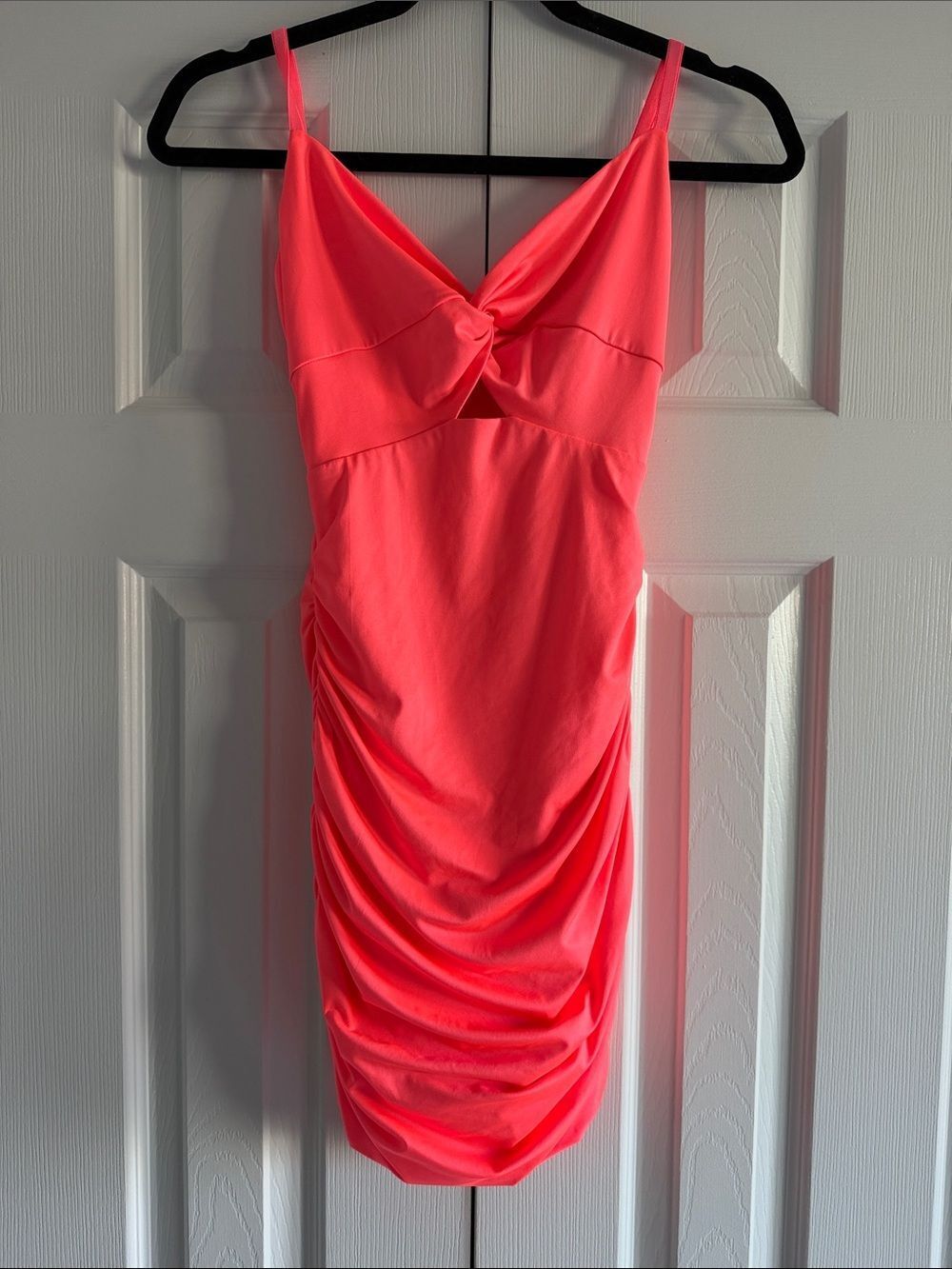 Katie J NYC Neon Pink Mini Dress Ruched Bodycon Cutout Knot Front XS Adjustable